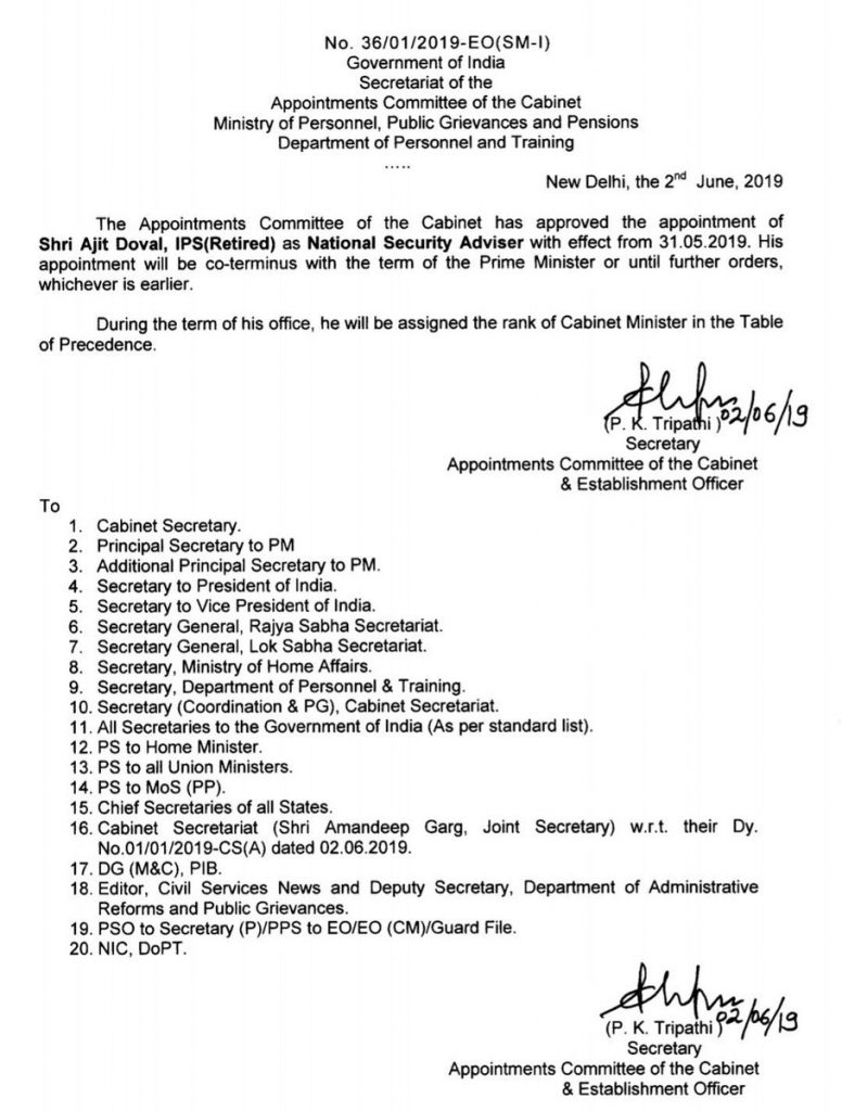 NSA Doval Appointment letter