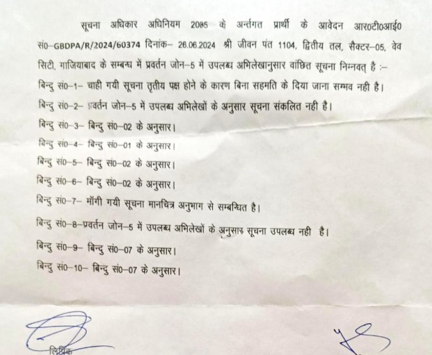 जीडीए द्वारा आरटीआई का दिया गया जवाब